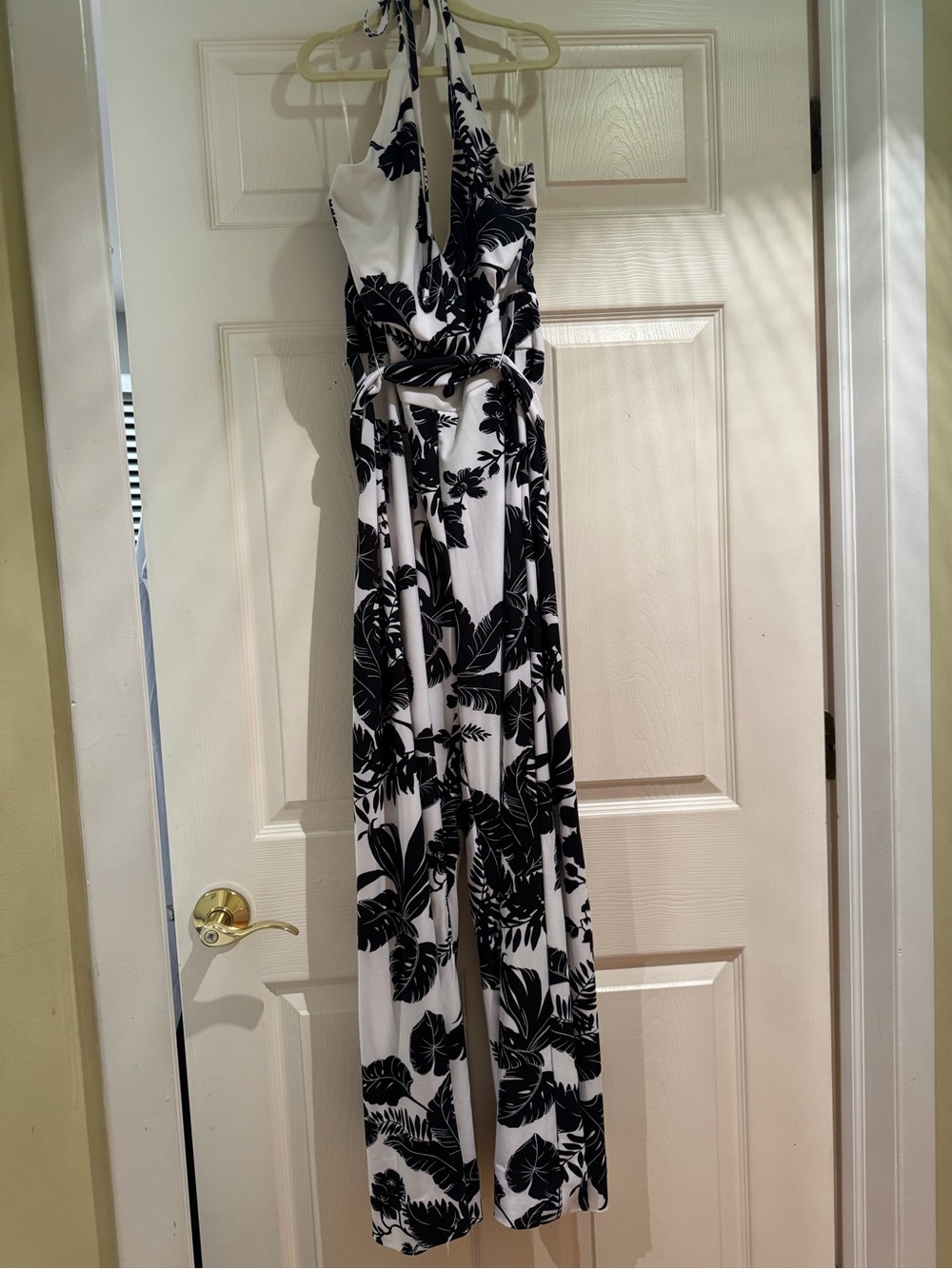 New York & Company Black and White Halter Leaf-Print Jumpsuit